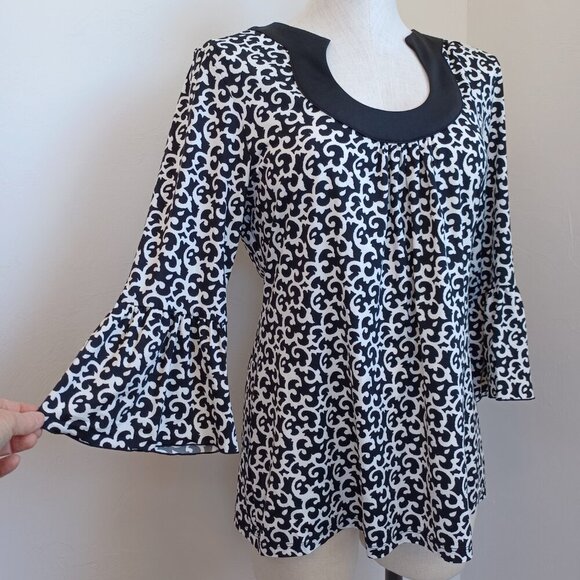 INC International Concepts Tunic Top Black White Ruffle Sleeve Womens Medium - Picture 2 of 13